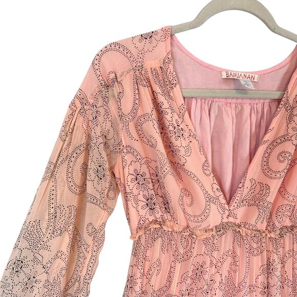 Banjanan Peach Paisley Boho Maxi Dress Sheer Tiered Lined Viscose S Cottagecore - Picture 4 of 14